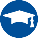 icon graphic of a white graduation cap on a blue background
